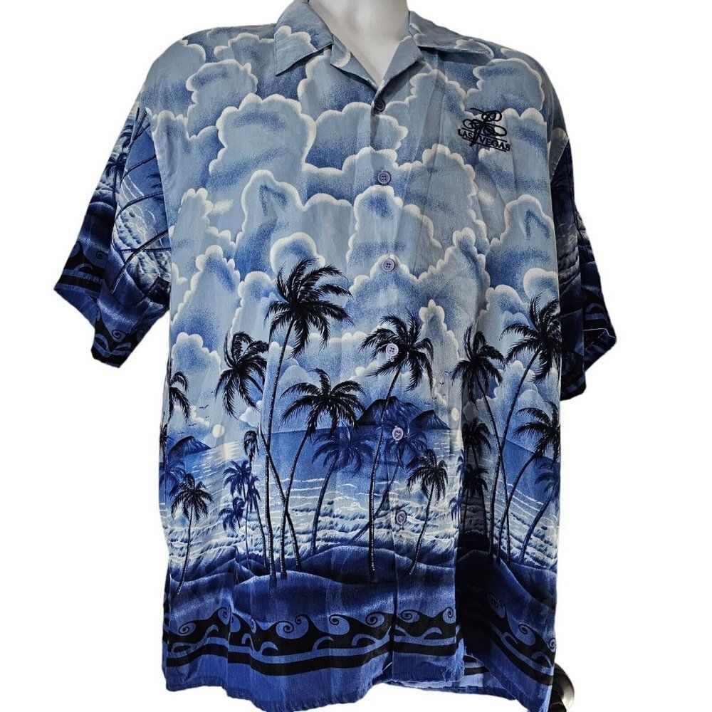 Vintage 90s Fergugini Hawaiian Shirt Mens Size Large Blue Aloha Palm Trees